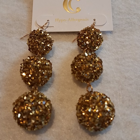 NWT.  Spikey Gold Hanging Ball Earrings - Picture 2 of 4